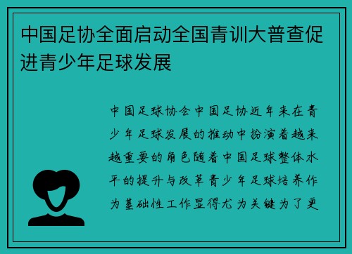 中国足协全面启动全国青训大普查促进青少年足球发展