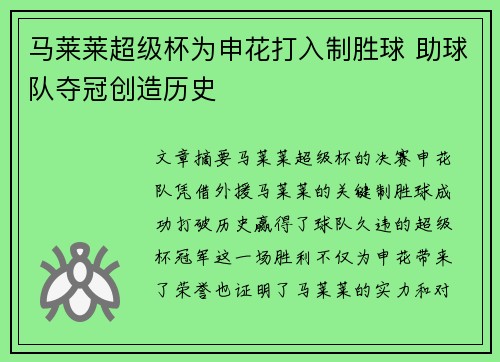 马莱莱超级杯为申花打入制胜球 助球队夺冠创造历史